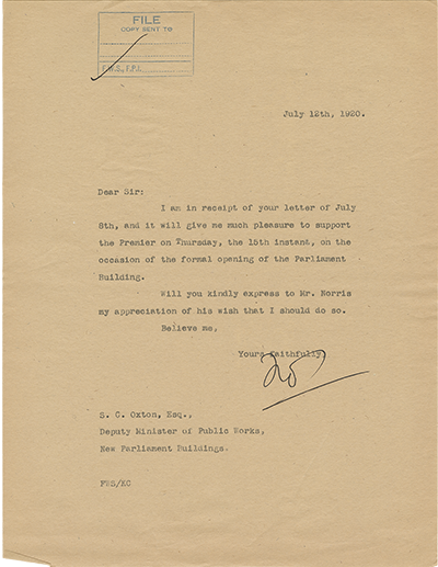 Letter from Frank Simon to the Deputy Minister of Public Works, dated July 12, 1920, accepting the invitation to the formal opening of the Parliament Building
