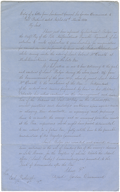 lettre de sir Drummond au comte Bathurst